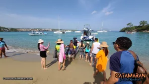 Group boarding the skiff boat.
